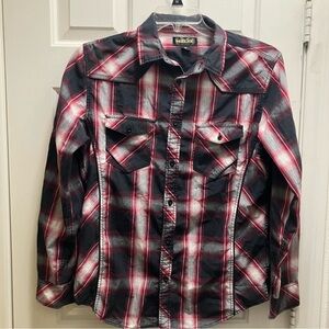 Helix Western Shirt Men Sz‎ M Athletic Fit Button Up Long Sleeve Red Black Plaid